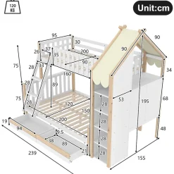 Lit Superposé 90x200 cm - Lit Enfant avec 2 Tiroirs et Barrières de Sécurité - Design Bois - Sans Matelas - Blanc+Naturel><noscript><img width=