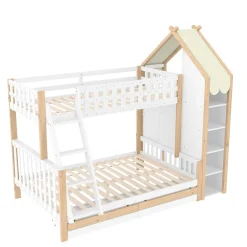 Lit Superposé 90x200 cm - Lit Enfant avec 2 Tiroirs et Barrières de Sécurité - Design Bois - Sans Matelas - Blanc+Naturel><noscript><img width=
