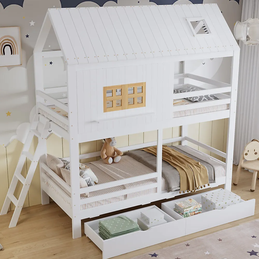 Lit Superposé 90x200 cm - Lit Enfant Cabane avec Toit, Fenêtres et Échelle, 2 Grands Tiroirs, MDF, Blanc et Naturel, sans Matelas>Okwish Sale