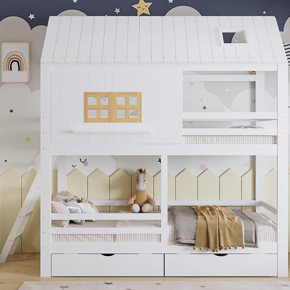 Lit Superposé 90x200 cm - Lit Enfant Cabane avec Toit, Fenêtres et Échelle, 2 Grands Tiroirs, MDF, Blanc et Naturel, sans Matelas>Okwish Sale