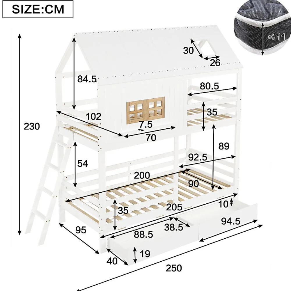 Lit Superposé 90x200 cm - Lit Enfant Cabane avec Toit, Fenêtres et Échelle, 2 Grands Tiroirs, MDF, Blanc et Naturel, sans Matelas>Okwish Sale