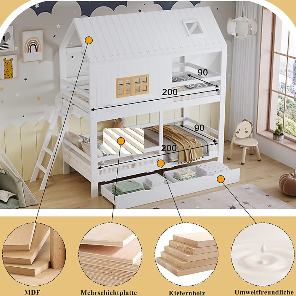 Lit Superposé 90x200 cm - Lit Enfant Cabane avec Toit, Fenêtres et Échelle, 2 Grands Tiroirs, MDF, Blanc et Naturel, sans Matelas>Okwish Sale