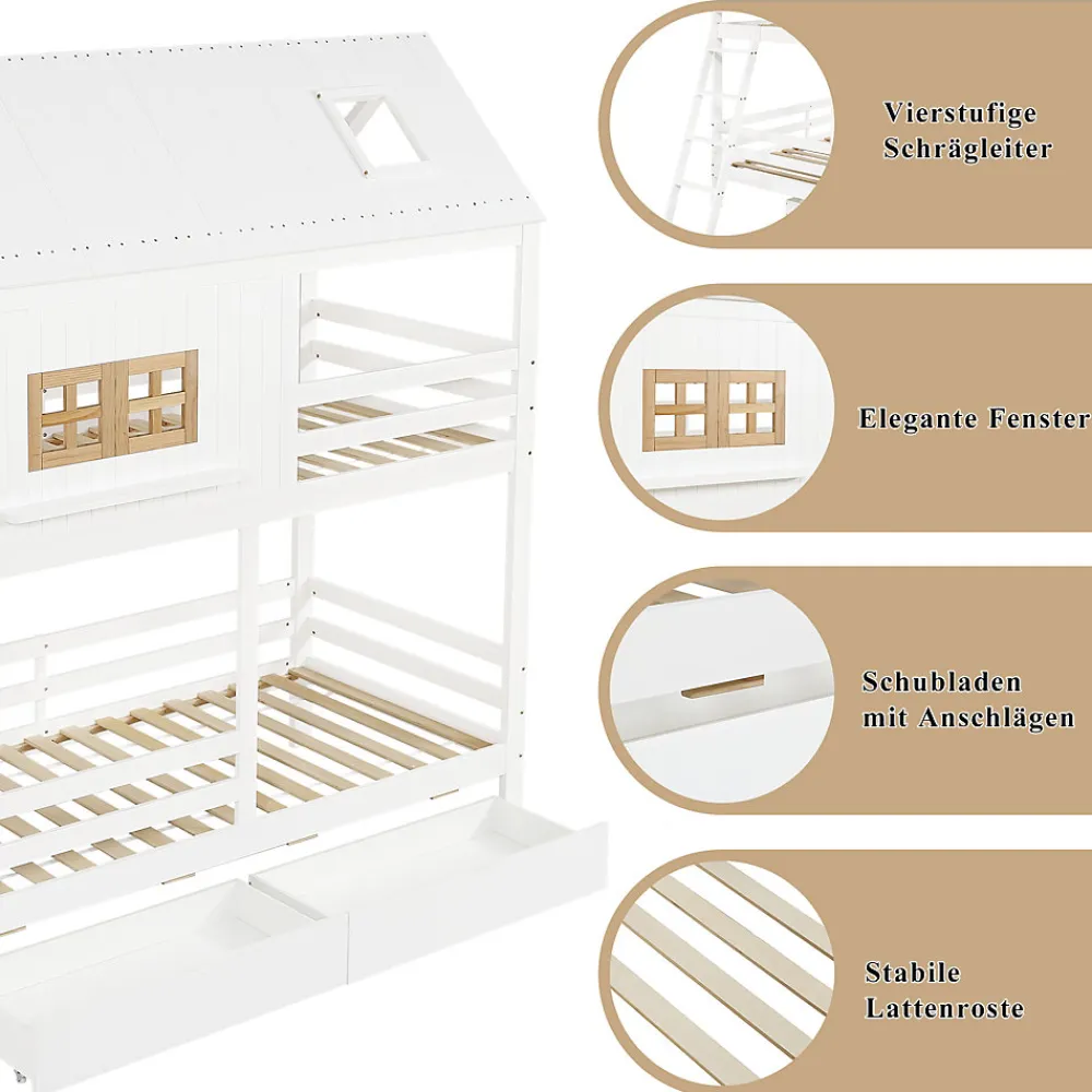 Lit Superposé 90x200 cm - Lit Enfant Cabane avec Toit, Fenêtres et Échelle, 2 Grands Tiroirs, MDF, Blanc et Naturel, sans Matelas>Okwish Sale