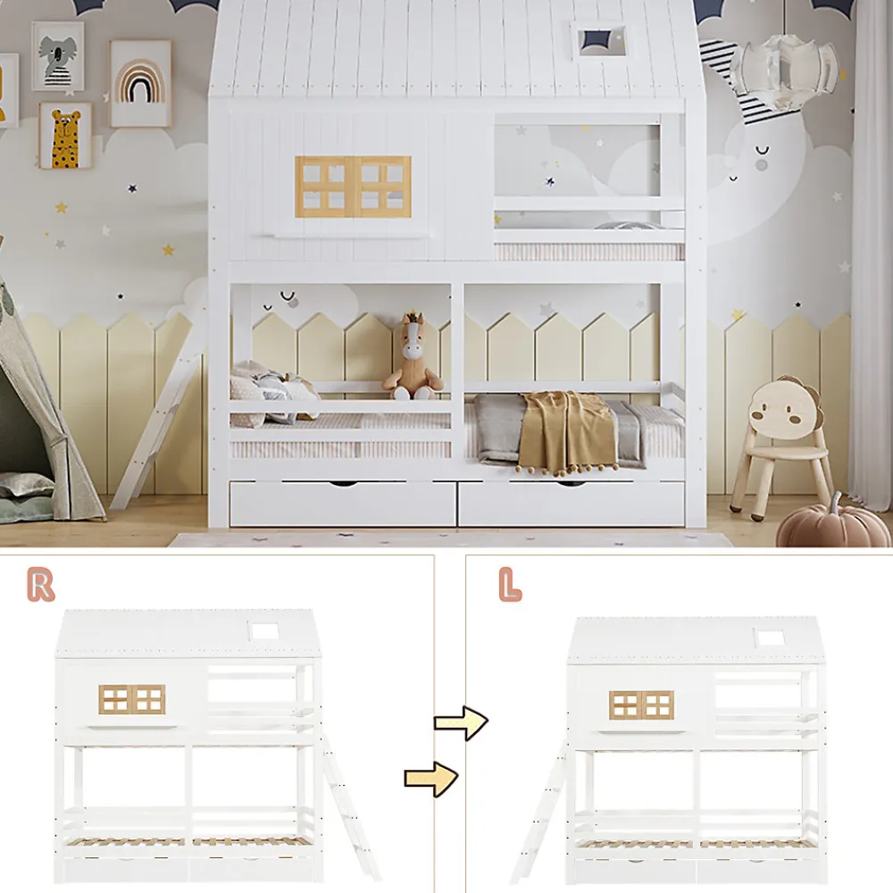 Lit Superposé 90x200 cm - Lit Enfant Cabane avec Toit, Fenêtres et Échelle, 2 Grands Tiroirs, MDF, Blanc et Naturel, sans Matelas>Okwish Sale