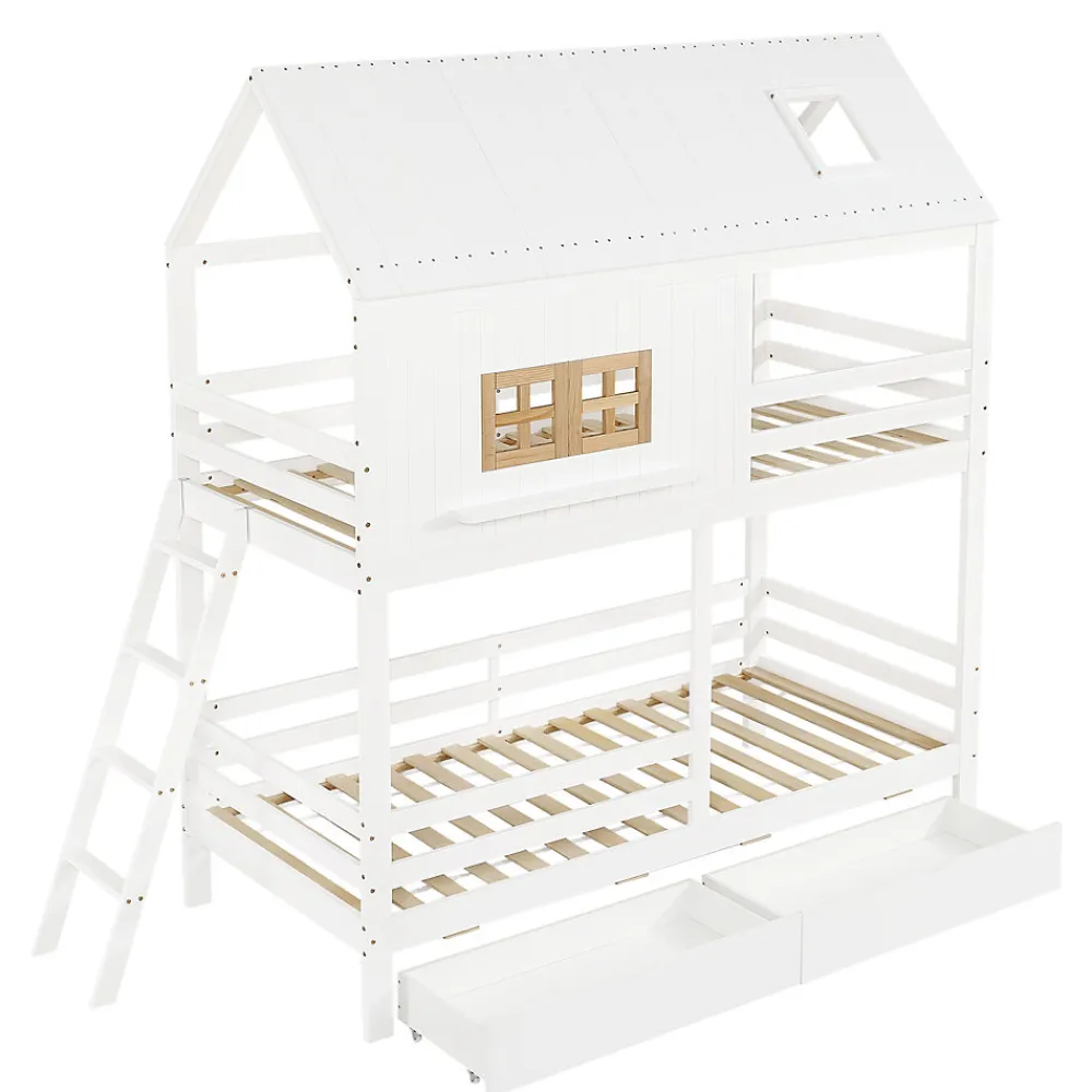 Lit Superposé 90x200 cm - Lit Enfant Cabane avec Toit, Fenêtres et Échelle, 2 Grands Tiroirs, MDF, Blanc et Naturel, sans Matelas>Okwish Sale