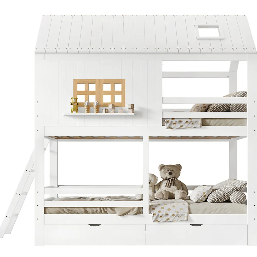 Lit Superposé 90x200 cm - Lit Enfant Cabane avec Toit, Fenêtres et Échelle, 2 Grands Tiroirs, MDF, Blanc et Naturel, sans Matelas>Okwish Sale