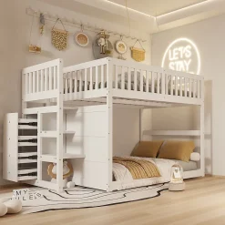 Generique Lit Superposé 140x200 cm - Lit Junior avec Rangement, Cadre en Bois avec Clôture, Sans Matelas, Blanc*Enfant Lit Enfant