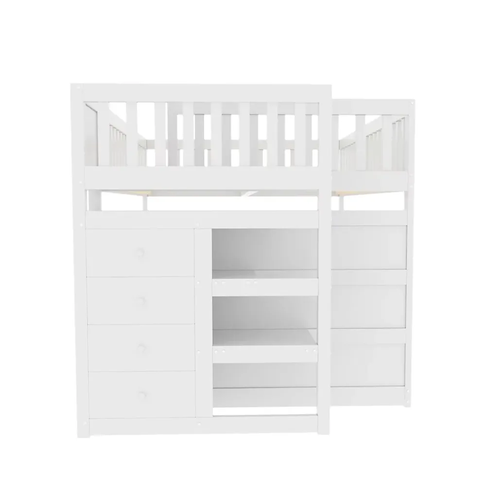 Generique Lit Superposé 140x200 cm - Lit Junior avec Rangement, Cadre en Bois avec Clôture, Sans Matelas, Blanc*Enfant Lit Enfant