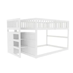 Generique Lit Superposé 140x200 cm - Lit Junior avec Rangement, Cadre en Bois avec Clôture, Sans Matelas, Blanc*Enfant Lit Enfant