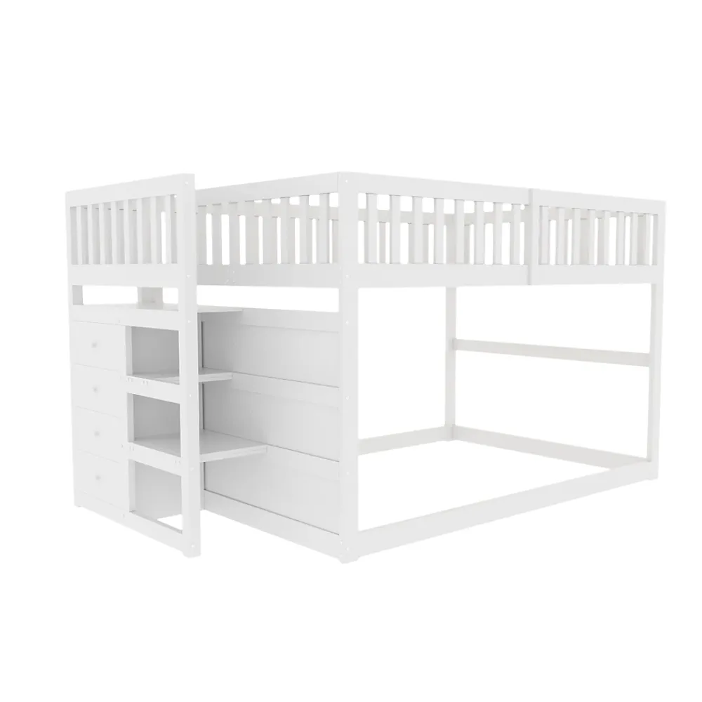 Generique Lit Superposé 140x200 cm - Lit Junior avec Rangement, Cadre en Bois avec Clôture, Sans Matelas, Blanc*Enfant Lit Enfant