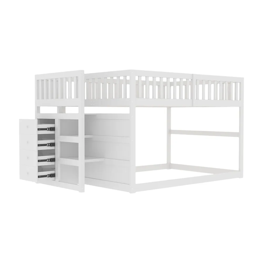 Generique Lit Superposé 140x200 cm - Lit Junior avec Rangement, Cadre en Bois avec Clôture, Sans Matelas, Blanc*Enfant Lit Enfant