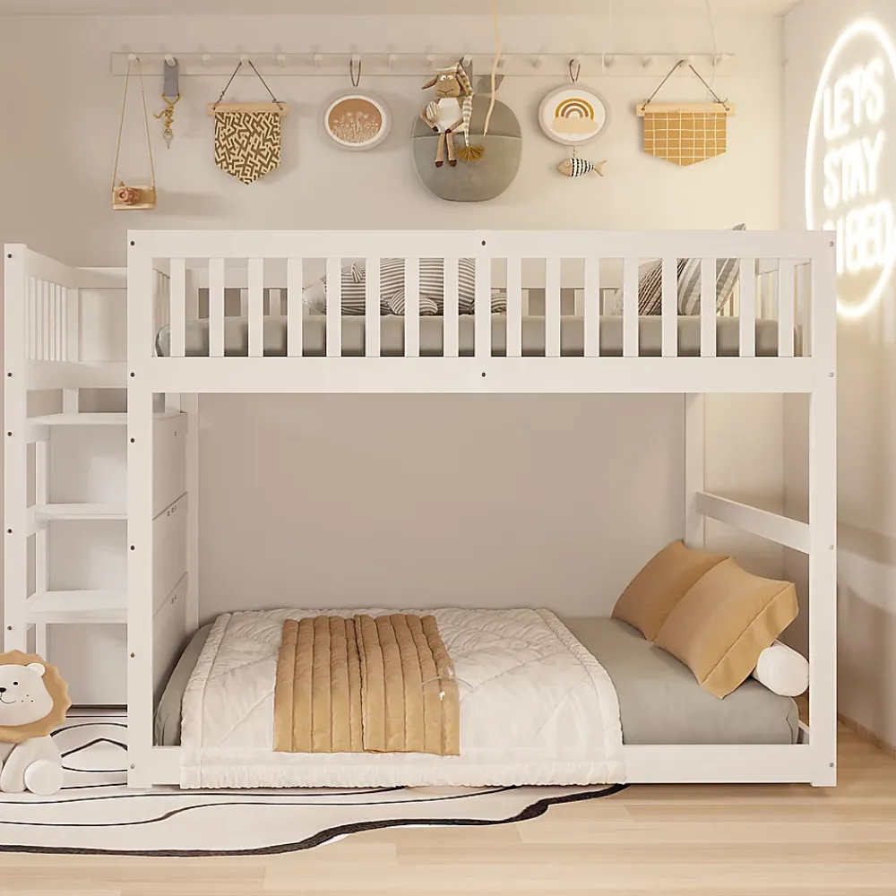 Generique Lit Superposé 140x200 cm - Lit Junior avec Rangement, Cadre en Bois avec Clôture, Sans Matelas, Blanc*Enfant Lit Enfant