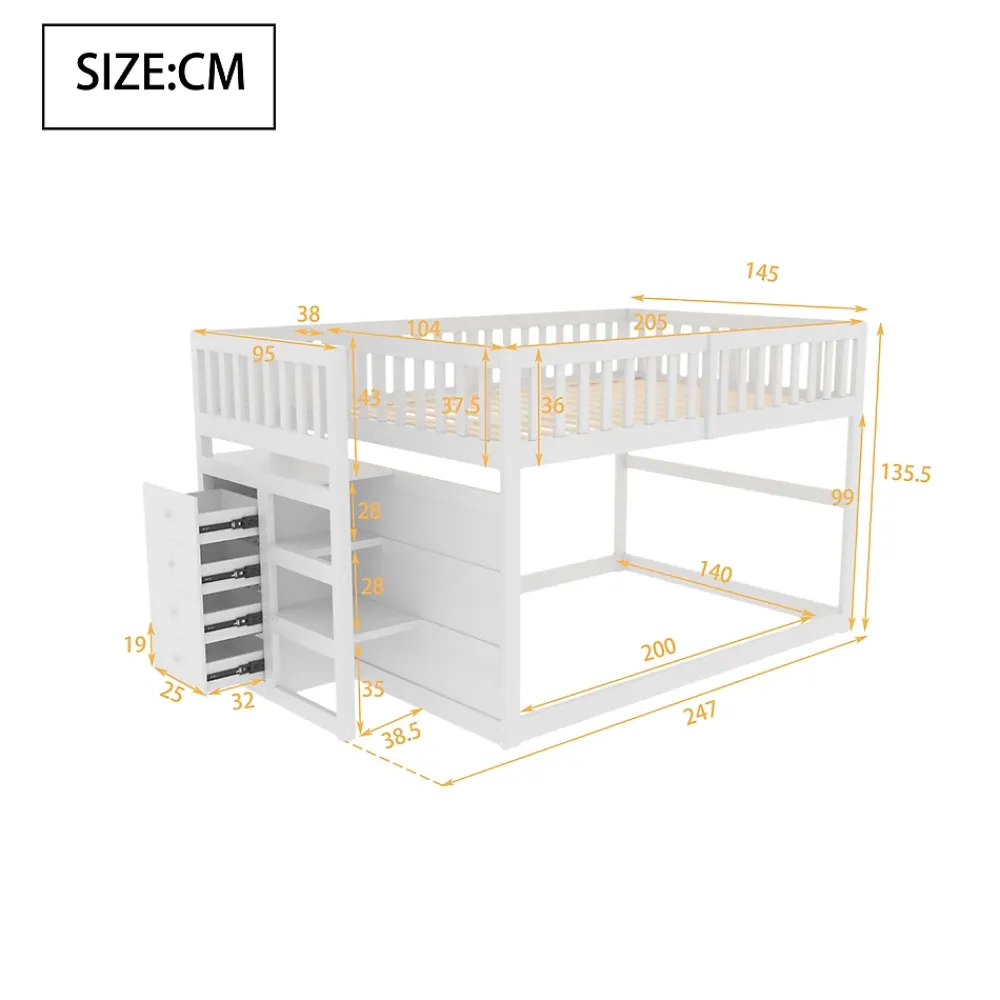 Generique Lit Superposé 140x200 cm - Lit Junior avec Rangement, Cadre en Bois avec Clôture, Sans Matelas, Blanc*Enfant Lit Enfant