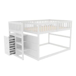 Generique Lit Superposé 140x200 cm - Lit Junior avec Rangement, Cadre en Bois avec Clôture, Sans Matelas, Blanc*Enfant Lit Enfant