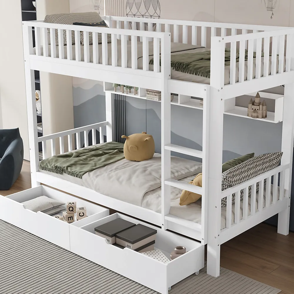 Lit superposé 90x200 cm - Lit simple avec rangement et étagères, tiroirs intégrés, structure en pin et MDF - Sans matelas - Blanc>Okwish