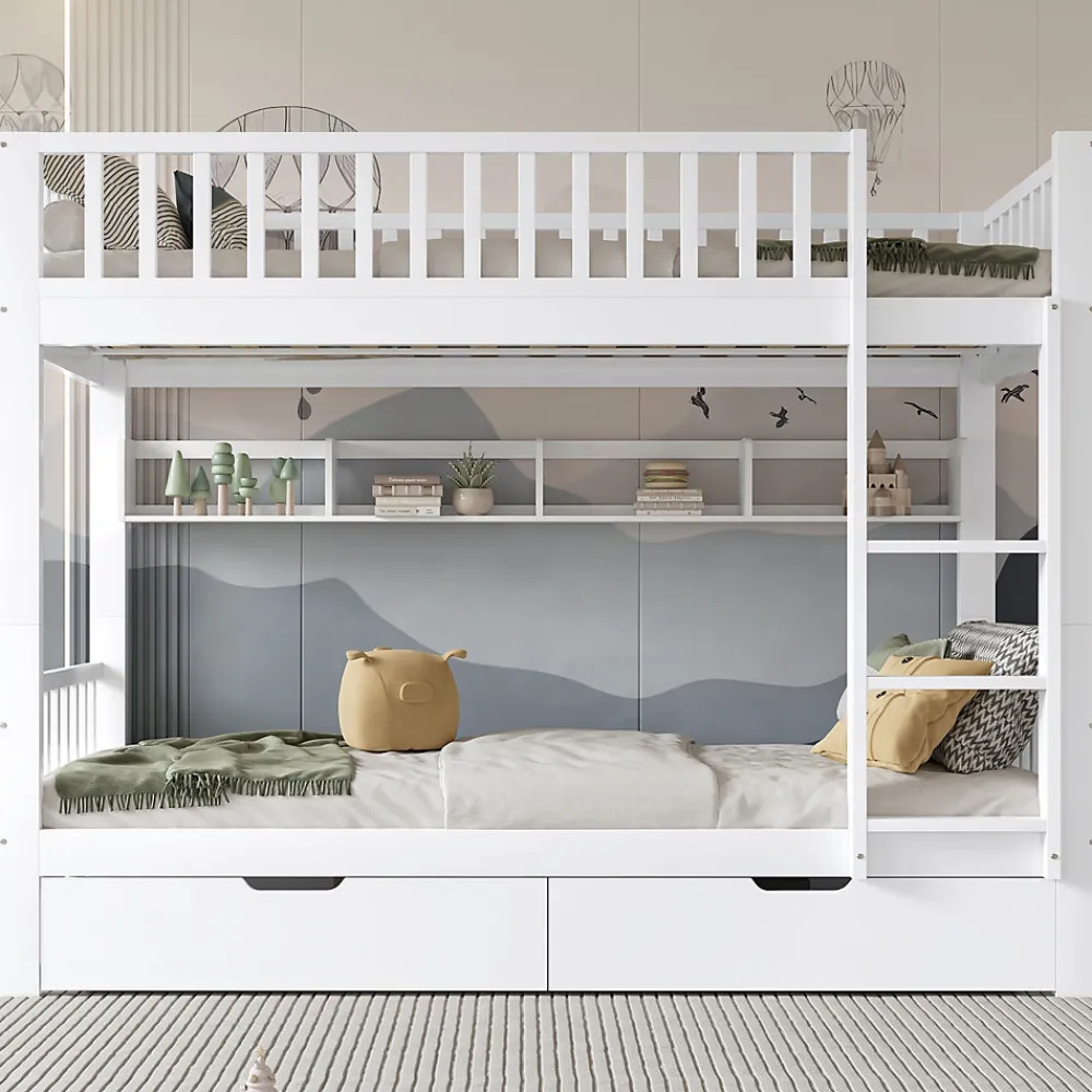 Lit superposé 90x200 cm - Lit simple avec rangement et étagères, tiroirs intégrés, structure en pin et MDF - Sans matelas - Blanc>Okwish