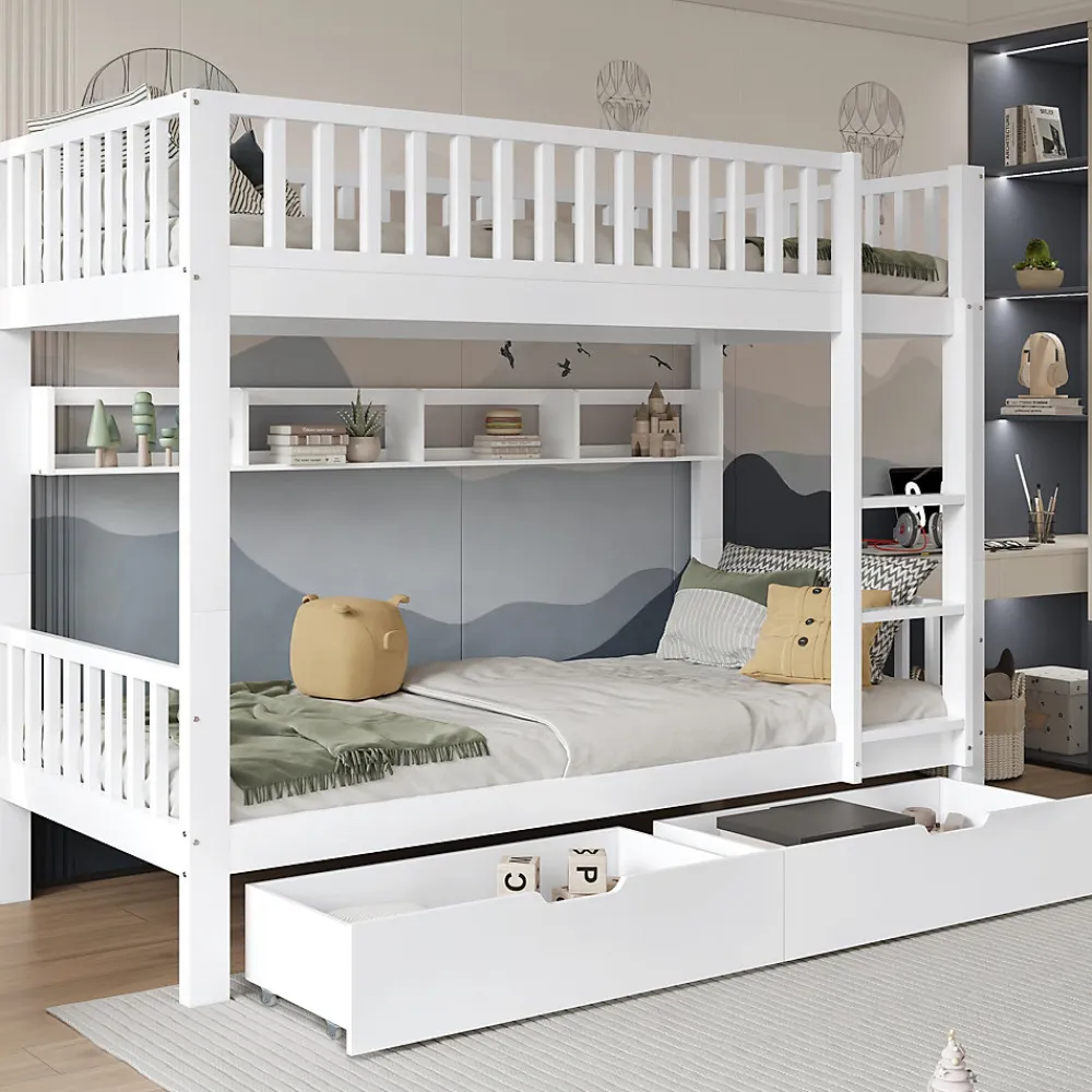 Lit superposé 90x200 cm - Lit simple avec rangement et étagères, tiroirs intégrés, structure en pin et MDF - Sans matelas - Blanc>Okwish