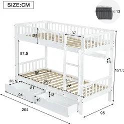 Lit superposé 90x200 cm - Lit simple avec rangement et étagères, tiroirs intégrés, structure en pin et MDF - Sans matelas - Blanc><noscript><img width=