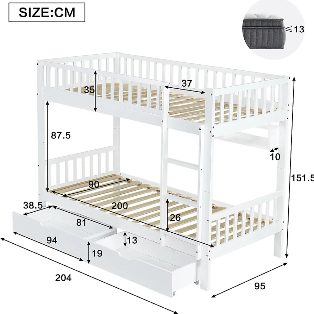 Lit superposé 90x200 cm - Lit simple avec rangement et étagères, tiroirs intégrés, structure en pin et MDF - Sans matelas - Blanc>Okwish
