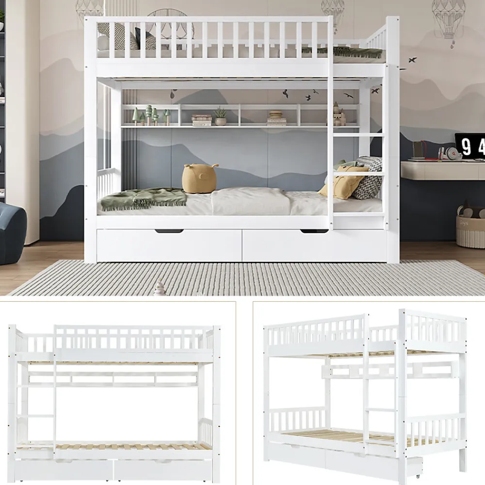 Lit superposé 90x200 cm - Lit simple avec rangement et étagères, tiroirs intégrés, structure en pin et MDF - Sans matelas - Blanc>Okwish