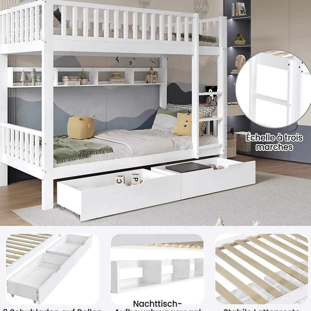 Lit superposé 90x200 cm - Lit simple avec rangement et étagères, tiroirs intégrés, structure en pin et MDF - Sans matelas - Blanc>Okwish