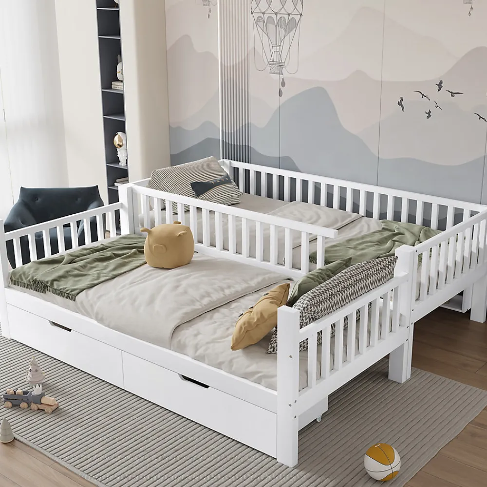 Lit superposé 90x200 cm - Lit simple avec rangement et étagères, tiroirs intégrés, structure en pin et MDF - Sans matelas - Blanc>Okwish