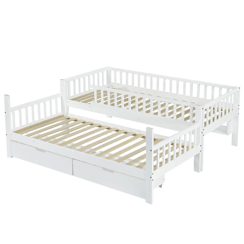 Lit superposé 90x200 cm - Lit simple avec rangement et étagères, tiroirs intégrés, structure en pin et MDF - Sans matelas - Blanc>Okwish