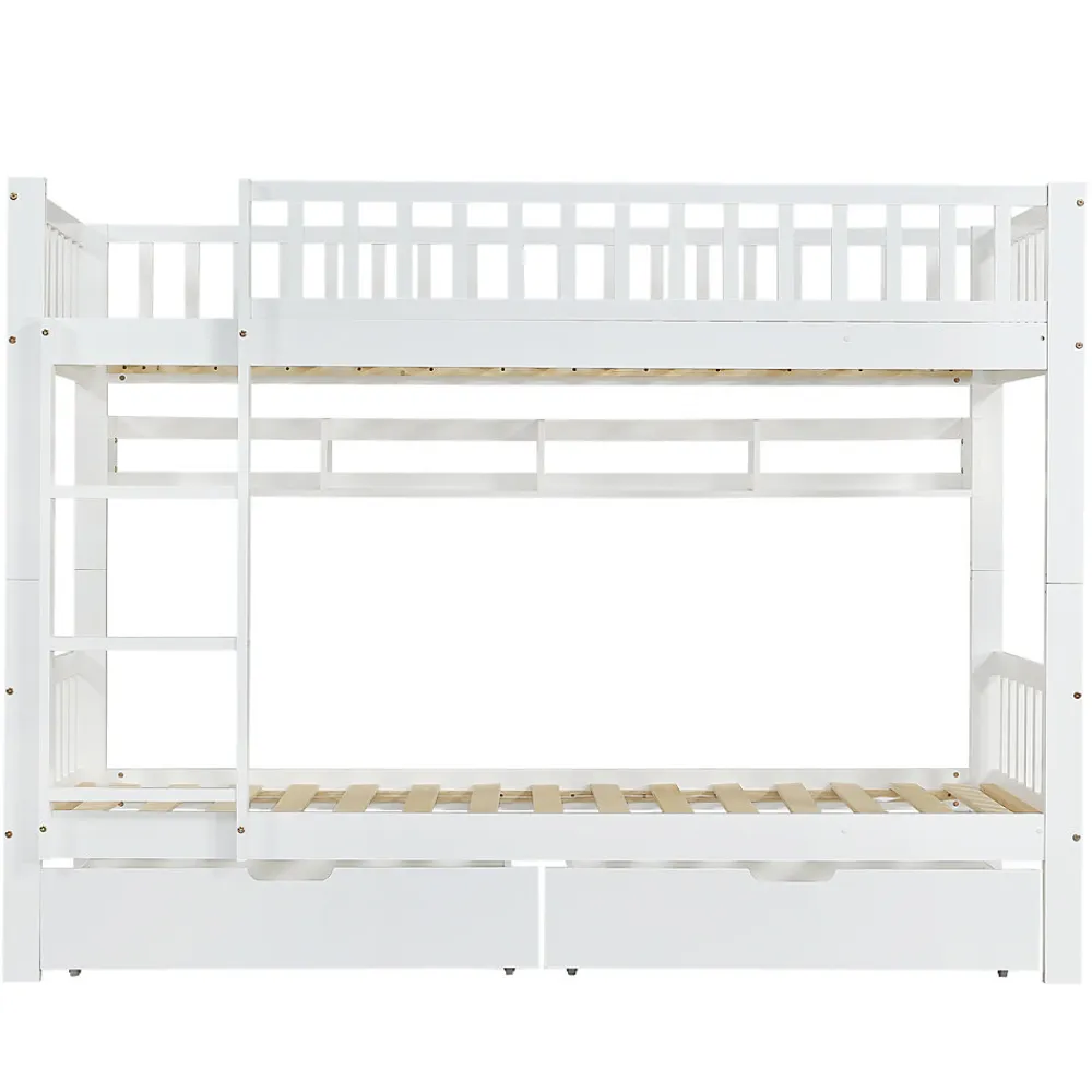 Lit superposé 90x200 cm - Lit simple avec rangement et étagères, tiroirs intégrés, structure en pin et MDF - Sans matelas - Blanc>Okwish