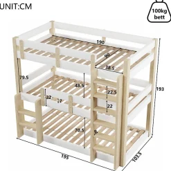 Lit superposé 90x190 cm - Lit triple - Avec échelle de sécurité - Blanc + naturel (matelas non inclus)><noscript><img width=