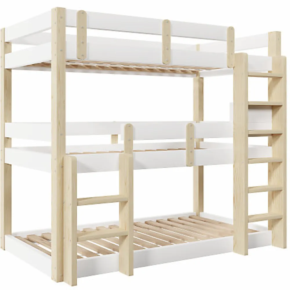 Lit superposé 90x190 cm - Lit triple - Avec échelle de sécurité - Blanc + naturel (matelas non inclus)>ModernLuxe Outlet