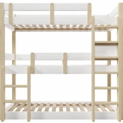 Lit superposé 90x190 cm - Lit triple - Avec échelle de sécurité - Blanc + naturel (matelas non inclus)><noscript><img width=