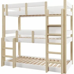 Lit superposé 90x190 cm - Lit triple - Avec échelle de sécurité - Blanc + naturel (matelas non inclus)><noscript><img width=