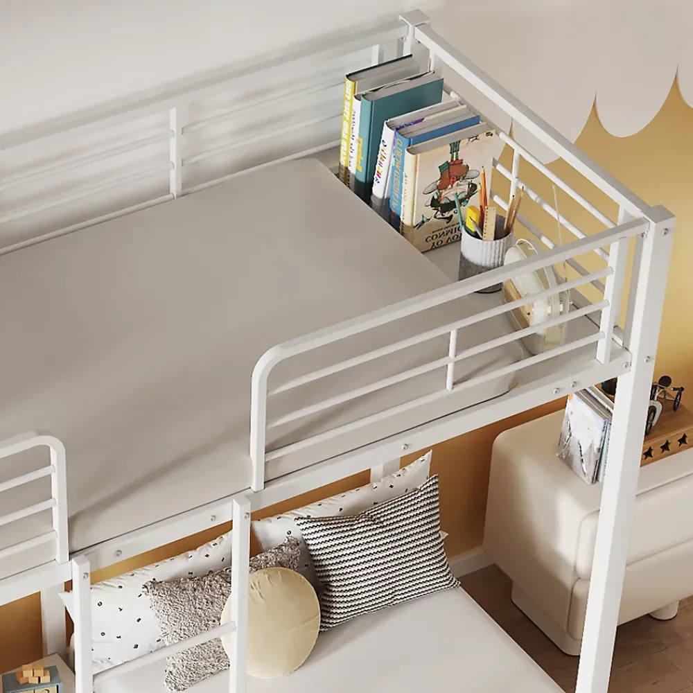 Fortuna lai Lit superposé 90x200 cm, 3 lits, échelle, table, cadre métal, blanc*Enfant Lit Enfant