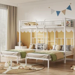Fortuna lai Lit superposé 90x200 cm, 3 lits, échelle, table, cadre métal, blanc*Enfant Lit Enfant