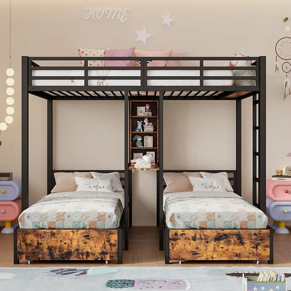 Okwish Lit superposé 140x200 cm + 90x200 cm - Lit avec rangement avec 2 tiroirs- Métal et MDF - Facile à monter - Sans matelas - Noir*Enfant Lit Enfant
