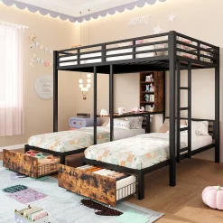 Okwish Lit superposé 140x200 cm + 90x200 cm - Lit avec rangement avec 2 tiroirs- Métal et MDF - Facile à monter - Sans matelas - Noir*Enfant Lit Enfant