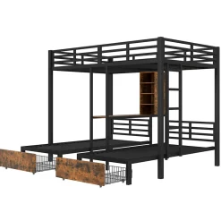 Okwish Lit superposé 140x200 cm + 90x200 cm - Lit avec rangement avec 2 tiroirs- Métal et MDF - Facile à monter - Sans matelas - Noir*Enfant Lit Enfant