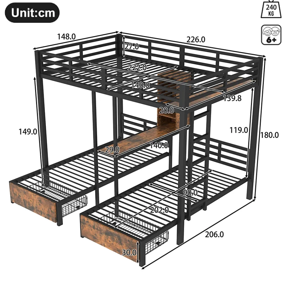 Okwish Lit superposé 140x200 cm + 90x200 cm - Lit avec rangement avec 2 tiroirs- Métal et MDF - Facile à monter - Sans matelas - Noir*Enfant Lit Enfant