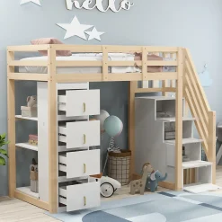 Lit superposé 90x200 cm avec 4 tiroirs et échelle sécurisée en bois massif, gain de place chambre enfant>Redom