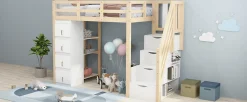 Lit superposé 90x200 cm avec 4 tiroirs et échelle sécurisée en bois massif, gain de place chambre enfant><noscript><img width=