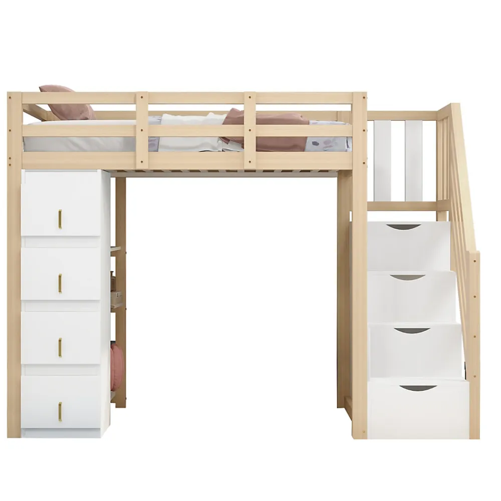 Lit superposé 90x200 cm avec 4 tiroirs et échelle sécurisée en bois massif, gain de place chambre enfant>Redom