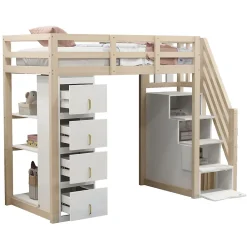 Lit superposé 90x200 cm avec 4 tiroirs et échelle sécurisée en bois massif, gain de place chambre enfant><noscript><img width=