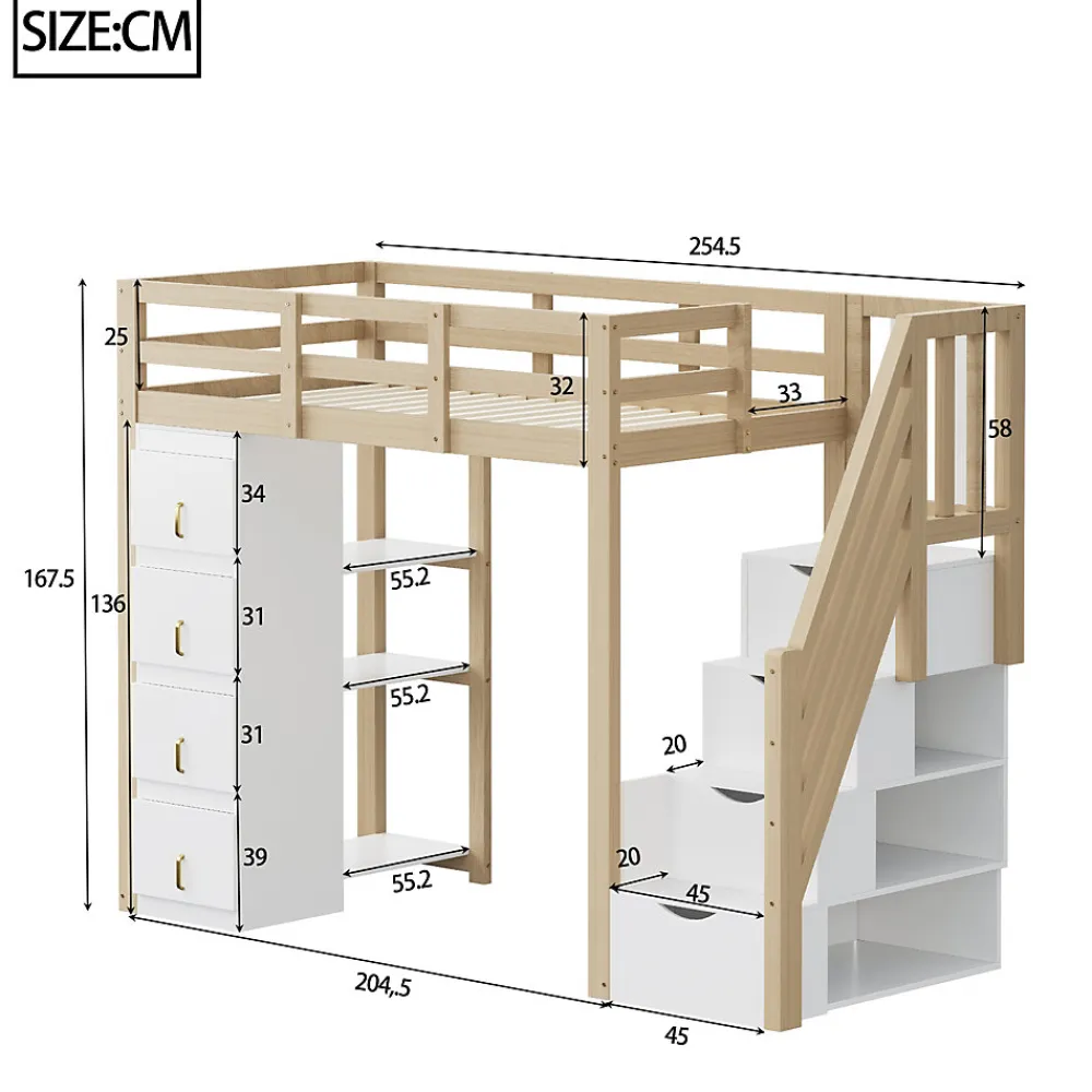 Lit superposé 90x200 cm avec 4 tiroirs et échelle sécurisée en bois massif, gain de place chambre enfant>Redom