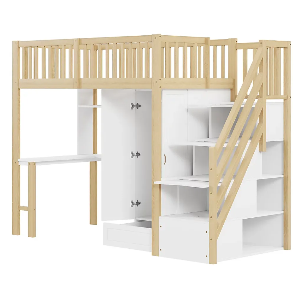 Redom Lit superposé 90x200 cm avec armoire et bureau intégrés, structure bois massif blanc/naturel, gain de place*Enfant Lit Enfant
