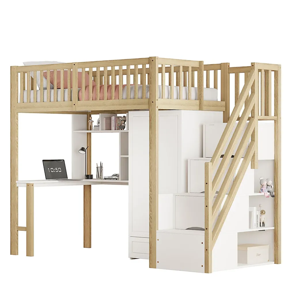 Redom Lit superposé 90x200 cm avec armoire et bureau intégrés, structure bois massif blanc/naturel, gain de place*Enfant Lit Enfant