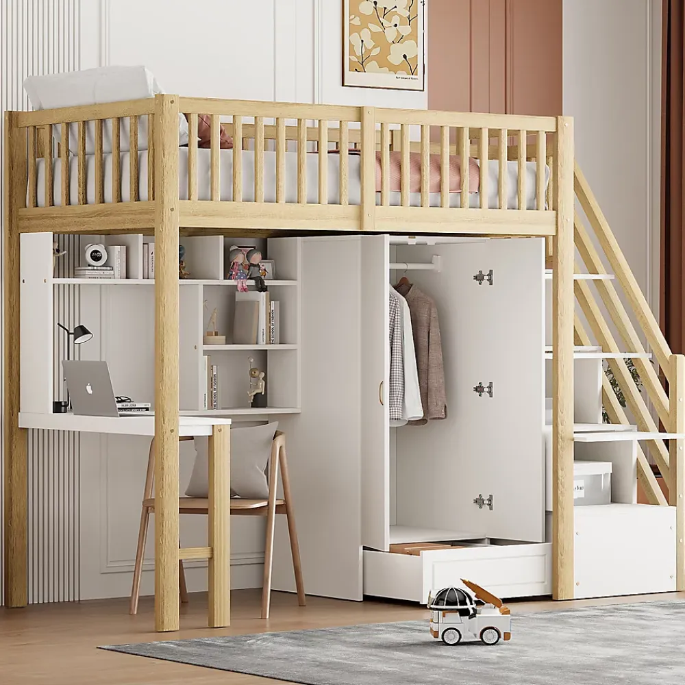 Redom Lit superposé 90x200 cm avec armoire et bureau intégrés, structure bois massif blanc/naturel, gain de place*Enfant Lit Enfant