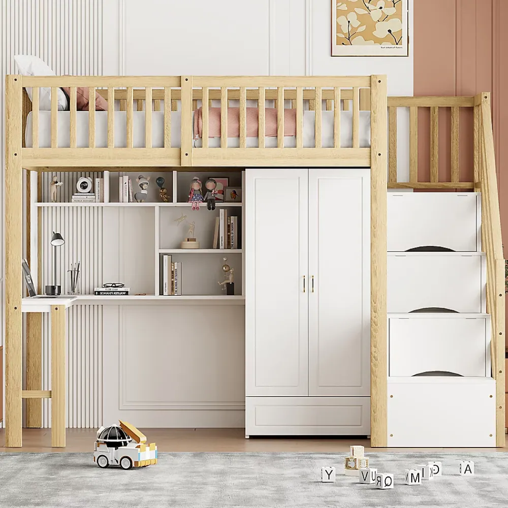Redom Lit superposé 90x200 cm avec armoire et bureau intégrés, structure bois massif blanc/naturel, gain de place*Enfant Lit Enfant