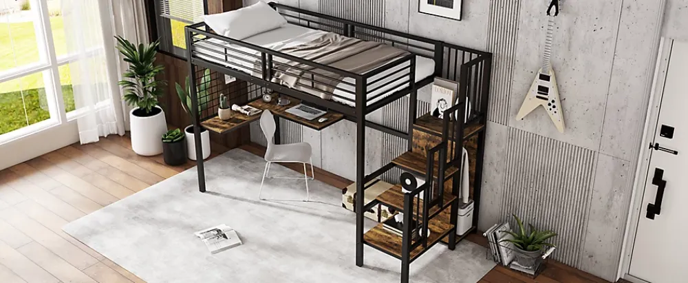 Redom Lit superposé 90x200 cm avec armoire intégrée et échelle latérale, structure métal et MDF, noir/noyer foncé*Enfant Lit Enfant