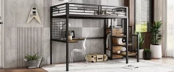 Redom Lit superposé 90x200 cm avec armoire intégrée et échelle latérale, structure métal et MDF, noir/noyer foncé*Enfant Lit Enfant