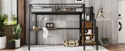 Redom Lit superposé 90x200 cm avec armoire intégrée et échelle latérale, structure métal et MDF, noir/noyer foncé*Enfant Lit Enfant